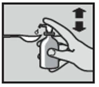 Una mano tiene un flacone per versare gocce di liquido in un cucchiaio con una freccia che indica il movimento verticale su e giù