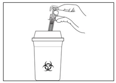 Una mano inserisce una siringa con ago all'interno di un contenitore per rifiuti biologici con simbolo di rischio biologico
