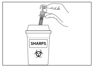 Una mano inserisce un ago con siringa all'interno di un contenitore per rifiuti taglienti con etichetta SHARPS e simbolo di rischio biologico