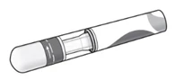 Disegno tecnico di una penna iniettiva medica con corpo cilindrico, sezione trasparente che mostra il meccanismo interno e un cappuccio terminale