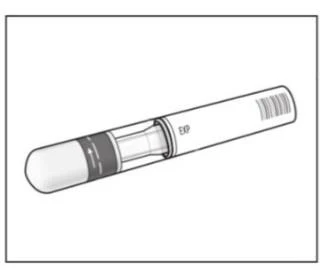 Disegno tecnico di una penna iniettiva con cappuccio bianco, corpo centrale trasparente che mostra il liquido e sezione con dicitura EXP e codice a barre