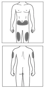 Schema del corpo umano che mostra le aree di applicazione evidenziate in grigio sull'addome, sulle cosce e sulla parte superiore delle braccia
