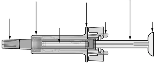 Diagramma tecnico di una siringa con frecce nere che indicano i vari componenti del corpo, del pistone e dell'ago della siringa stessa