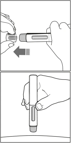 Disegno tecnico che mostra due mani che rimuovono il cappuccio da una penna iniettore e una mano che impugna la penna in posizione verticale