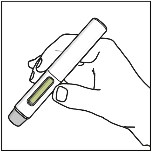 Una mano impugna un dispositivo medico a forma di penna bianca con una finestra trasparente che mostra il liquido interno giallastro