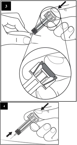 Disegno tecnico che mostra due mani che impugnano una siringa per l'iniezione con un ingrandimento del dettaglio del meccanismo superiore