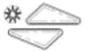 Stylized drawing of two overlapping trapezoidal geometric shapes and a circular symbol resembling a sun or gear in the top left corner