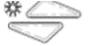 Black and white stylized drawing of two elongated, overlapping trapezoidal geometric shapes with a solar symbol in the top left corner