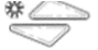 Black and white stylized drawing of two overlapping trapezoidal geometric shapes alongside a circular symbol resembling a sun or gear
