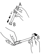 Technical drawing showing two hands gripping a medical device to extract component A and rotate part B to the right