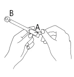 Two hands holding a syringe with labels A and B indicating components for drug preparation in a line drawing