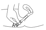 Line drawing showing a hand pressing a pen-shaped medical device against the skin of the buttock for a