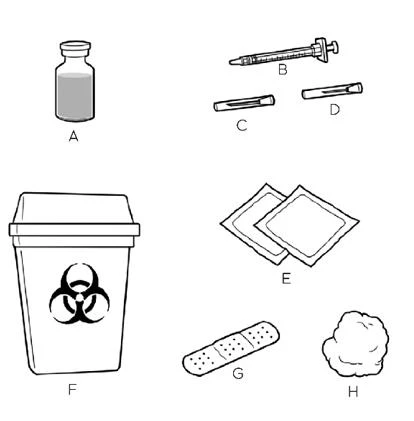 Medical diagram with vial A, syringe B, two needles C and D, two gauzes E, biohazard waste container F, adhesive bandage G, and cotton H
