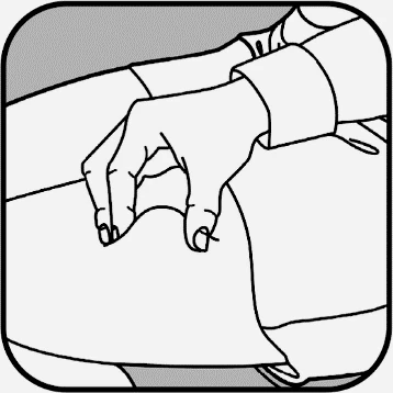 Two hands gently lifting the edge of an adhesive bandage or gauze applied to the skin of a limb to remove or reposition it
