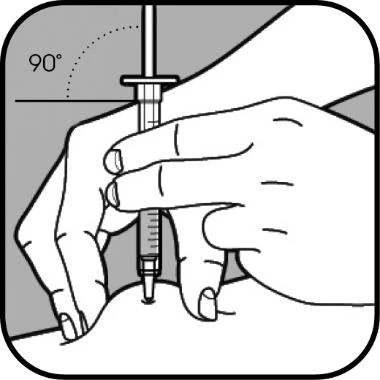 Technical drawing showing a hand holding a syringe for injection