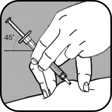 One hand holds a syringe angled at 45 degrees to inject liquid into the subcutaneous tissue of the body