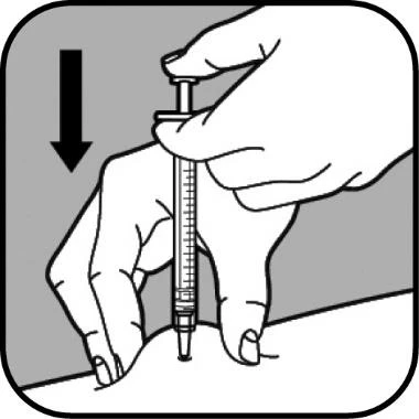 One hand pressing the plunger of a syringe downward to inject liquid into a body part indicated by a black arrow