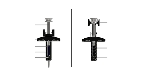 Two black and gray technical diagrams of a syringe-shaped medical device with various components and reference lines on a white background