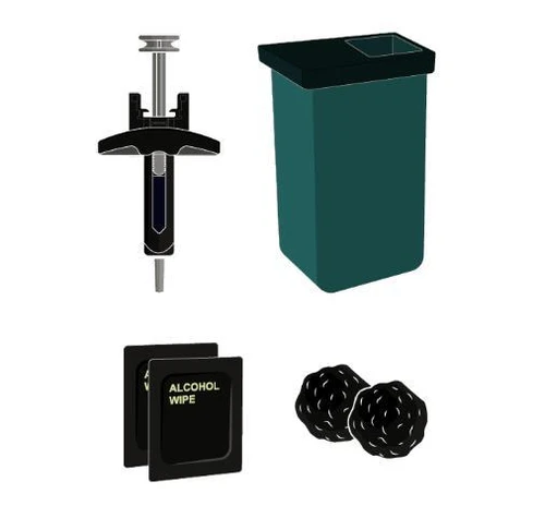 Illustration of a syringe with plunger, a dark green sharps disposal container, alcohol wipes, and two black cotton balls