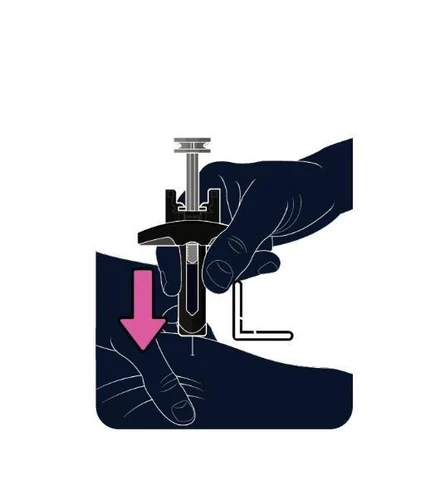 One hand holds a black medical device with a pink arrow pointing downward, indicating the direction of pressure on the skin
