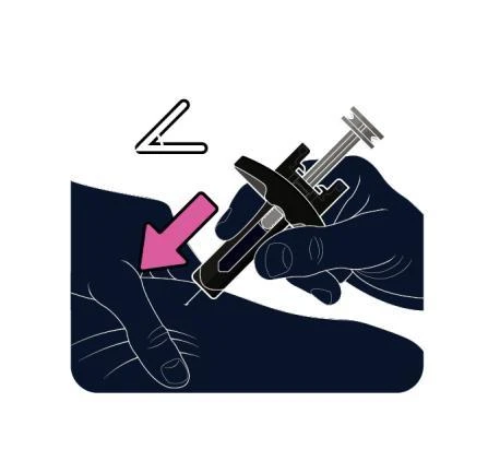 One hand holds a black syringe to inject medication into the arm, with a pink arrow indicating the insertion point of the needle