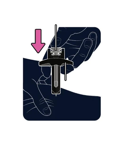 One hand holds a black syringe with the needle pointing downward, indicated by a pink arrow pointing toward the device for disposal