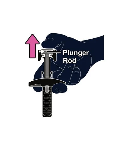 One hand holds a syringe with a pink arrow pointing toward it