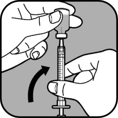 Two hands preparing a syringe with a needle and a glass vial, with a curved black arrow indicating the liquid aspiration movement