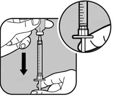 Technical drawing showing hands holding a syringe with an enlargement of the graduated cylinder and plunger for injection