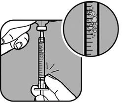 Black and white illustration showing hands holding a syringe with air bubbles in the barrel
