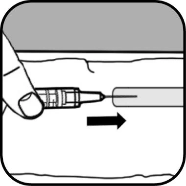 One hand holds an injection pen being pushed horizontally toward a cylindrical device, indicated by a black arrow