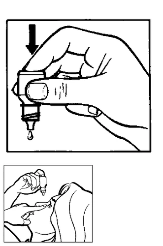 Disegno in bianco e nero che mostra una mano che preme un flaconcino per far cadere una goccia e l'uso del farmaco tramite gocciolamento oculare
