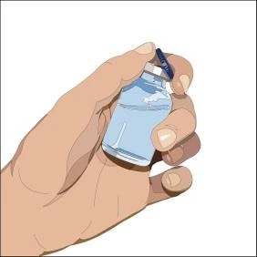 A hand firmly holding a small blue glass vial with a blue cap against a white background
