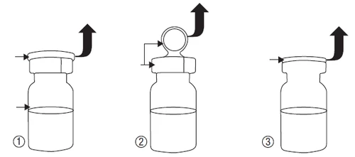 Three sequential diagrams show how to remove the cap from a medical vial by lifting it upward