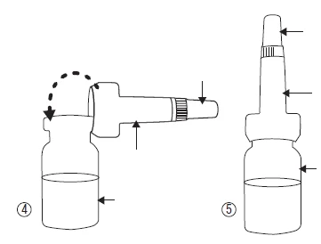 Medical diagram showing two steps: the fourth with a horizontal applicator above a vial, and the fifth with the