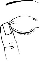 A finger gently presses on the upper eyelid of a closed eye to apply a product or perform a medical check