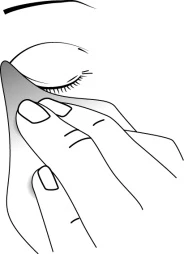 Line drawing of a hand holding a tissue or gauze gently pressed against the area below the