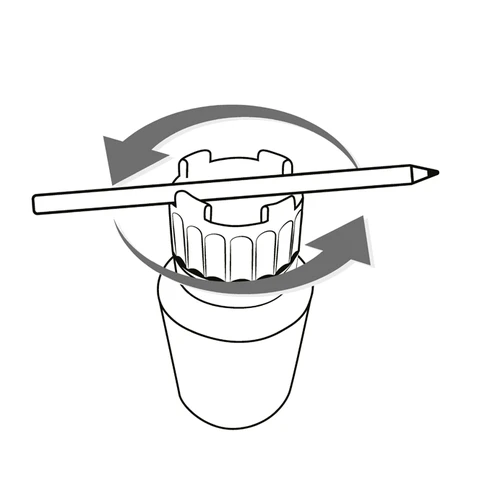 Technical drawing of a vial with a ribbed cap and a pencil placed horizontally above, surrounded by two curved arrows indicating rotation