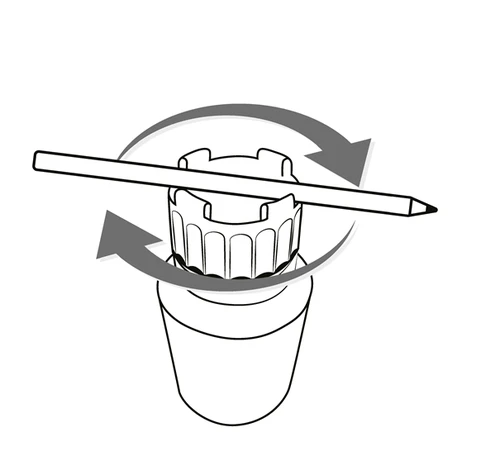 Technical drawing of a vial with a knurled cap and a pencil rotating around it following two gray circular arrows