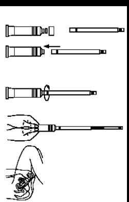 Black and white illustration showing the assembly stages of a syringe with needle and its components