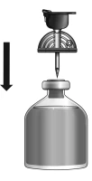 Technical drawing of a medical device with a needle moving downward, indicated by a black arrow, penetrating the stopper of a glass vial