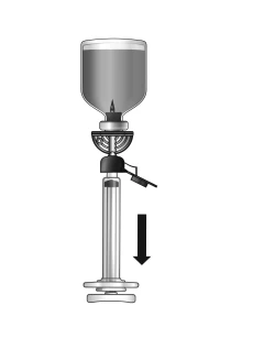 Medical diagram showing an infusion bag connected to a tubing with a black arrow pointing downward