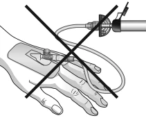 Black and white drawing of a hand with a medical device attached to the back, crossed out by a large black X to indicate an error