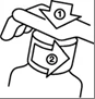 Diagrama con una flecha numerada 1 que apunta hacia abajo sobre la muñeca y una flecha numerada 2 que indica un movimiento rotacional alrededor de ella