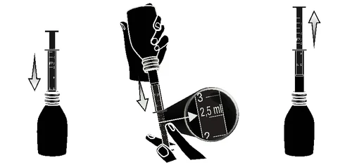 Tre illustrazioni in bianco e nero mostrano l'uso di una siringa con un flacone, l'inserimento dell'ago e il dosaggio di 2,5 ml del liquido