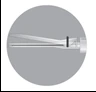 Technical diagram of a horizontal syringe with a thin needle and a black indicator on a circular gray background