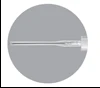 A thin transparent needle with a white cylindrical base positioned horizontally on a circular gray background