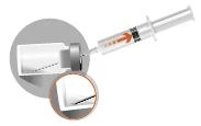 Syringe with needle inserted into a glass vial for drug withdrawal, with an orange arrow indicating plunger movement
