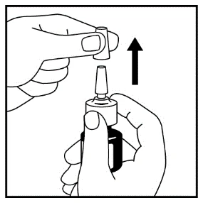 Dos manos que levantan verticalmente la tapa protectora de un frasco de medicamento indicado por una flecha negra hacia arriba
