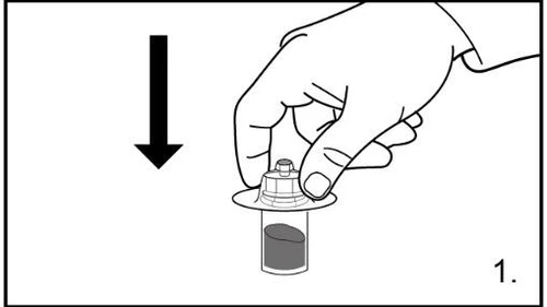 A hand presses down on the cap of a medical vial, indicated by a black vertical arrow pointing downward